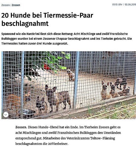 02. Juni  2018 | Märkische Allgemeine | 20 Hunde bei Tiermessie-Paar beschlagnahmt